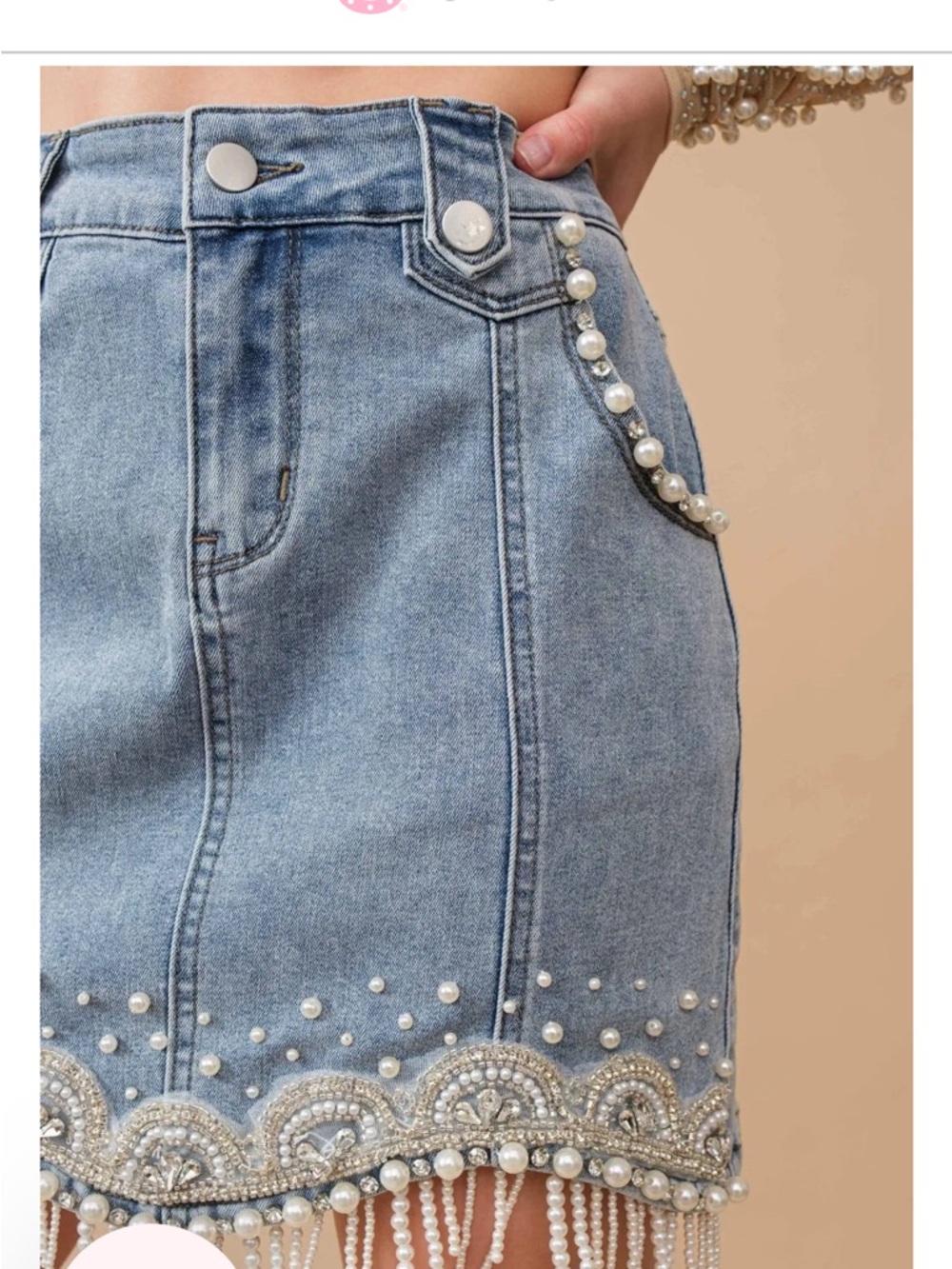 Pearl-Trim Light Blue Denim Mini Skirt
